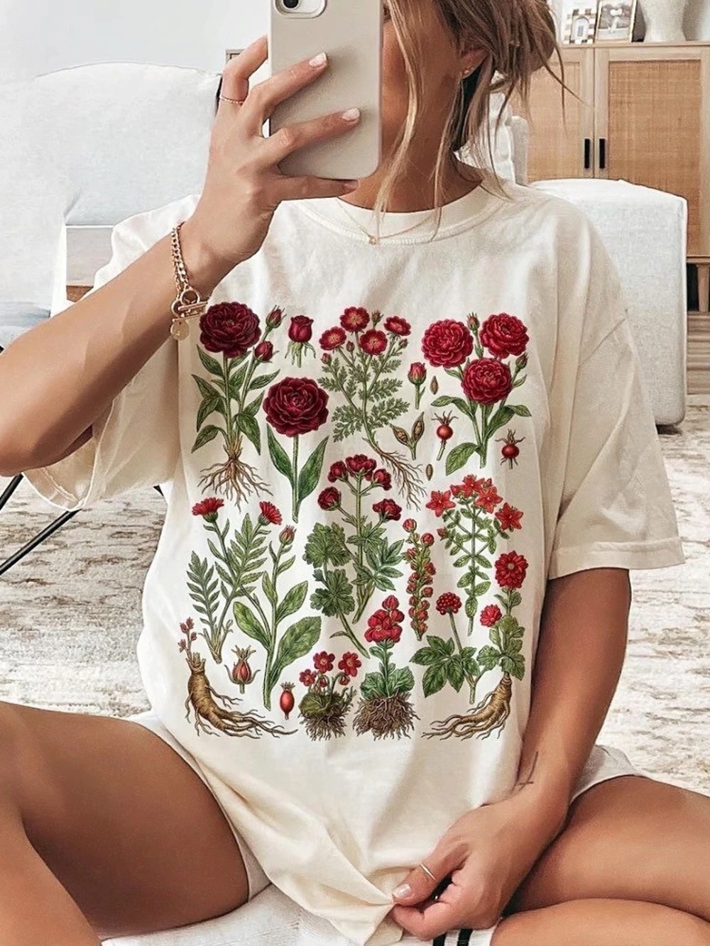 Red Flowers Botanical Chart Roots Leaves Scientific Illustration Vintage White T